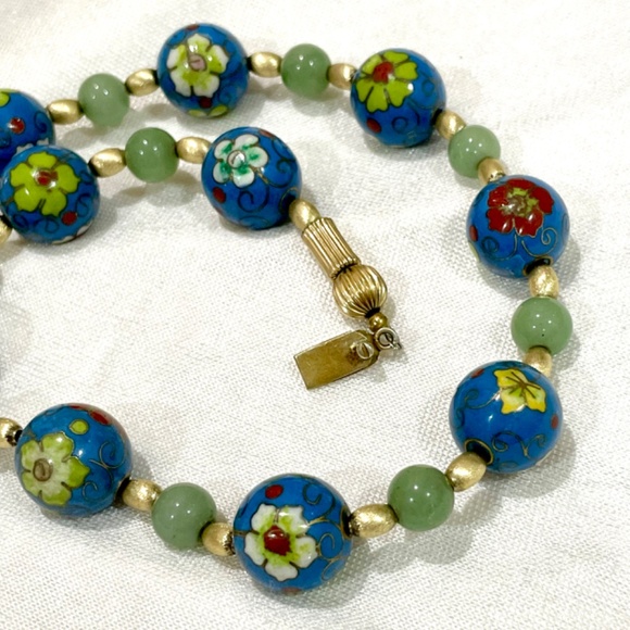 Vintage Chinese Blue Cloisonné Jadeite Sterling Silver Bead Necklace Enamel - Picture 10 of 11